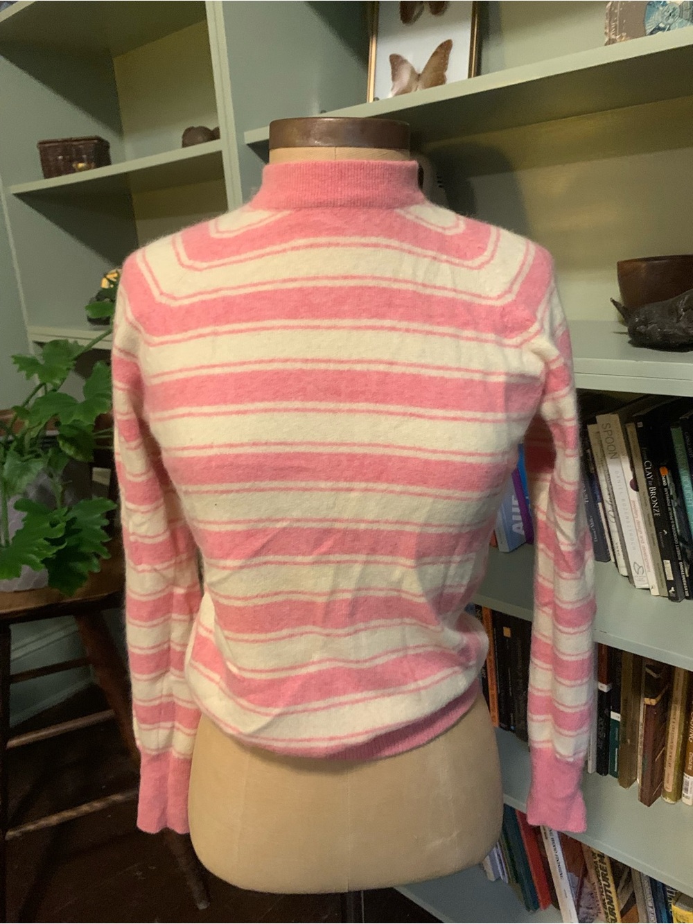 Vintage super soft Pink and Cream Striped Mock Neck Sweater